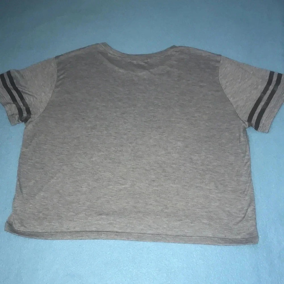 WORKSHOP crop top “LOVE 80” floral grey black stripes short sleeve size L - Picture 2 of 9